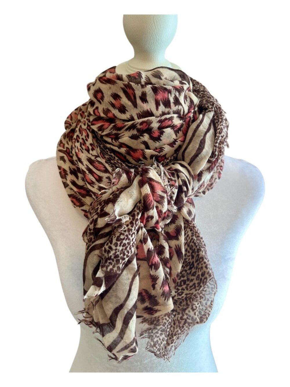 Boho Mixed Animal Print Frayed Infinity/Wrap Scarf - Leopard & Zebra Accent